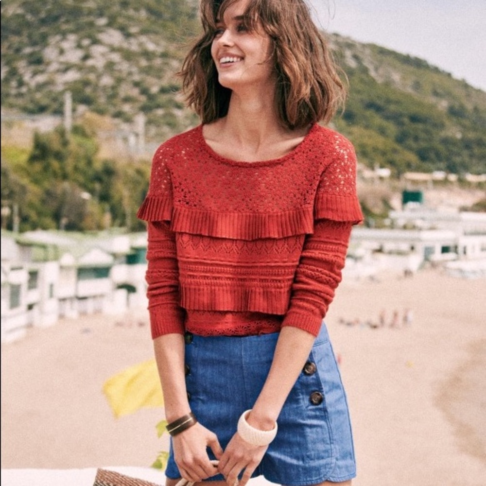 Sezane Red Ruffled Knit Sweater Top